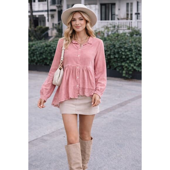 2Love Medium Pink Babydoll Tunic Blouse Lace Hem Boho Cottagecore Button Front - Picture 3 of 9